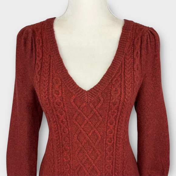 LOFT Red Maternity Puff Sleeve Cable Sweater Dress S Wool Bodycon V-neck NWT - Picture 2 of 10